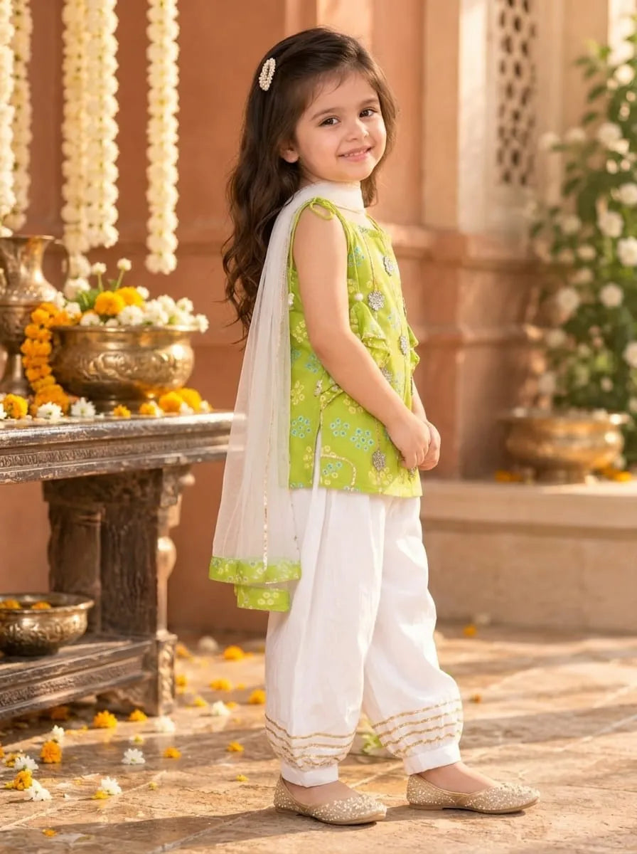 Girls Kurti Pant Dupatta Set with Gota Patti Work