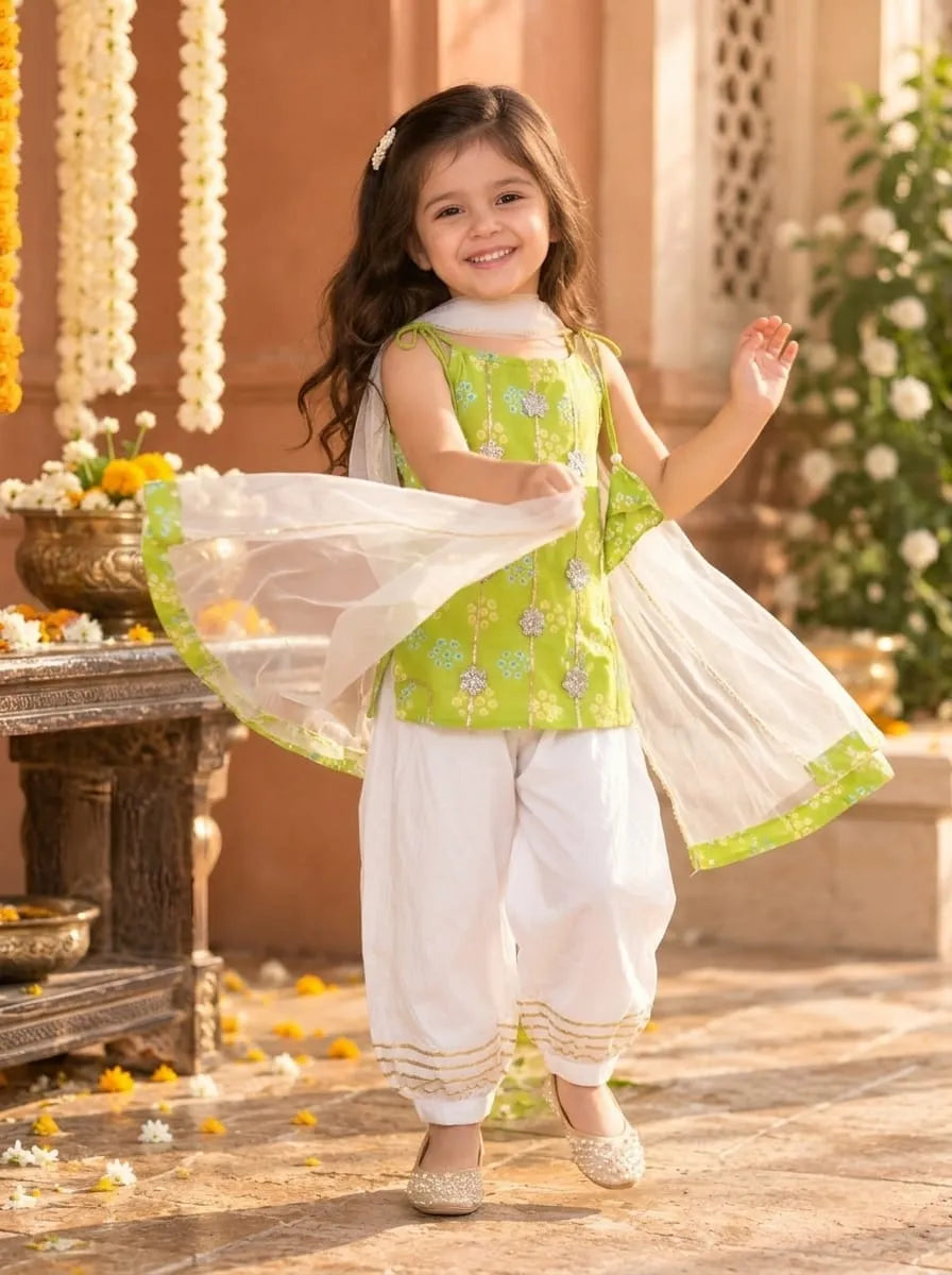 Girls Kurti Pant Dupatta Set with Gota Patti Work