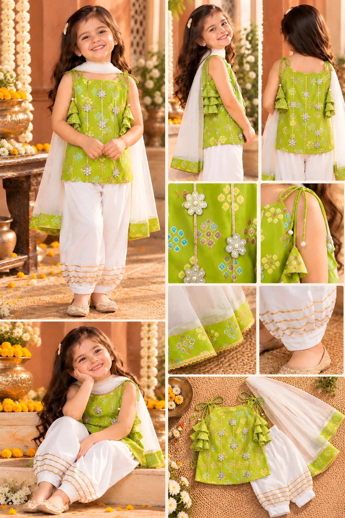 Girls Kurti Pant Dupatta Set with Gota Patti Work