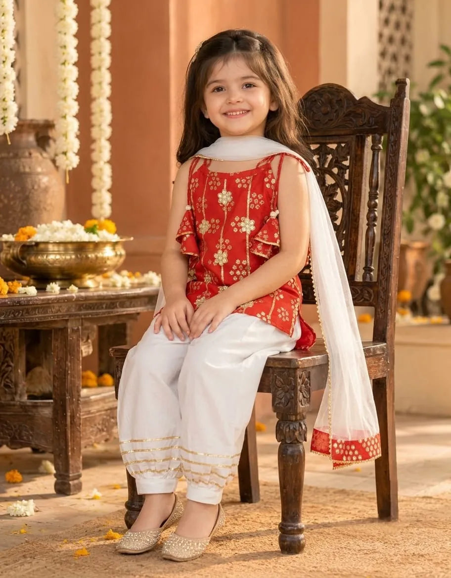Girls Kurti Pant Dupatta Set with Gota Patti Work