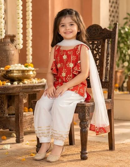 Girls Kurti Pant Dupatta Set with Gota Patti Work