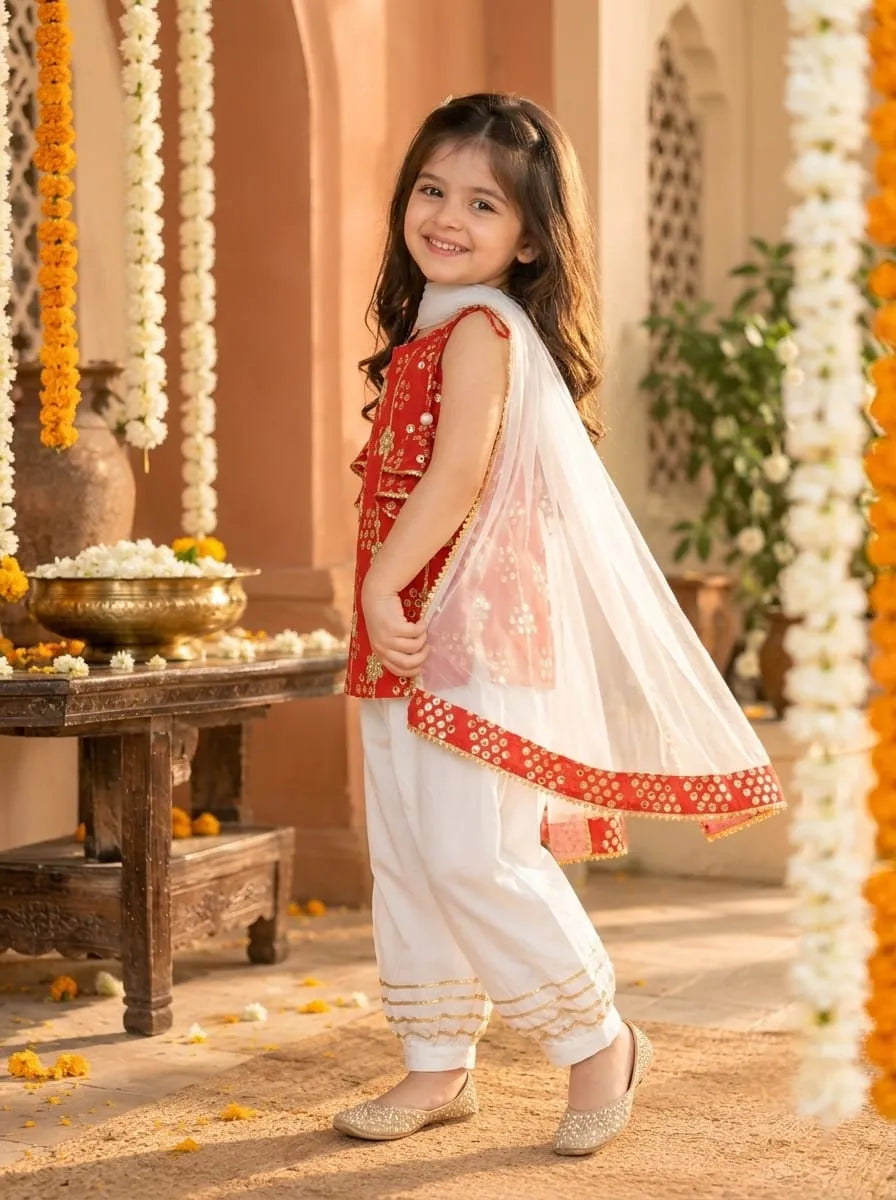 Girls Kurti Pant Dupatta Set with Gota Patti Work