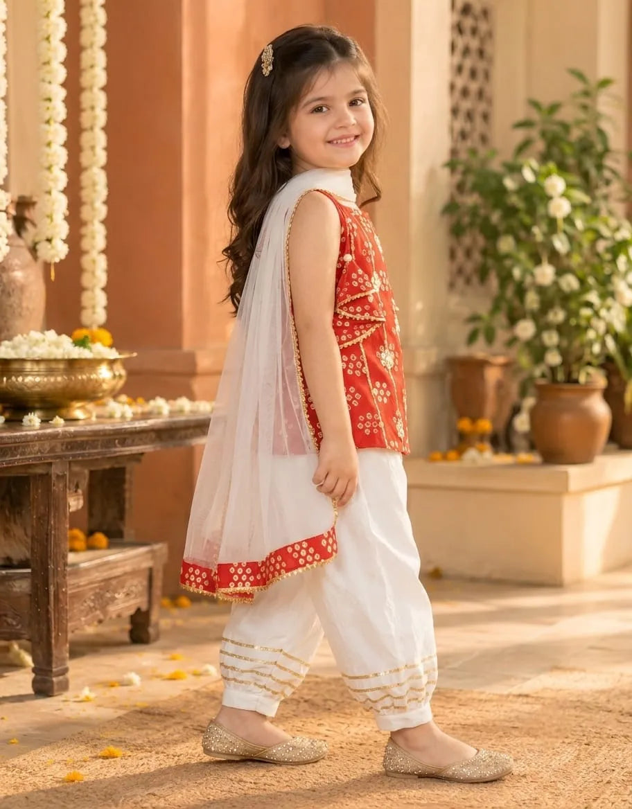 Girls Kurti Pant Dupatta Set with Gota Patti Work