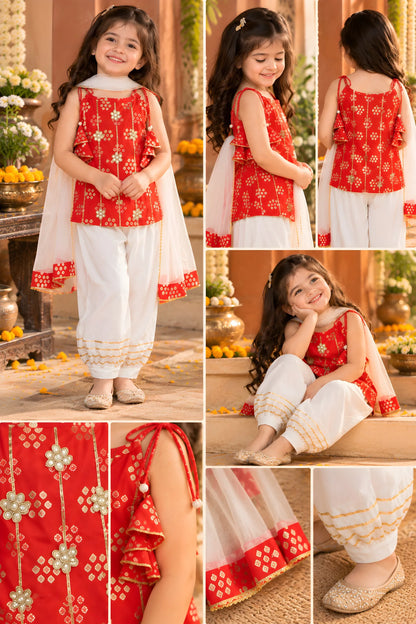 Girls Kurti Pant Dupatta Set with Gota Patti Work