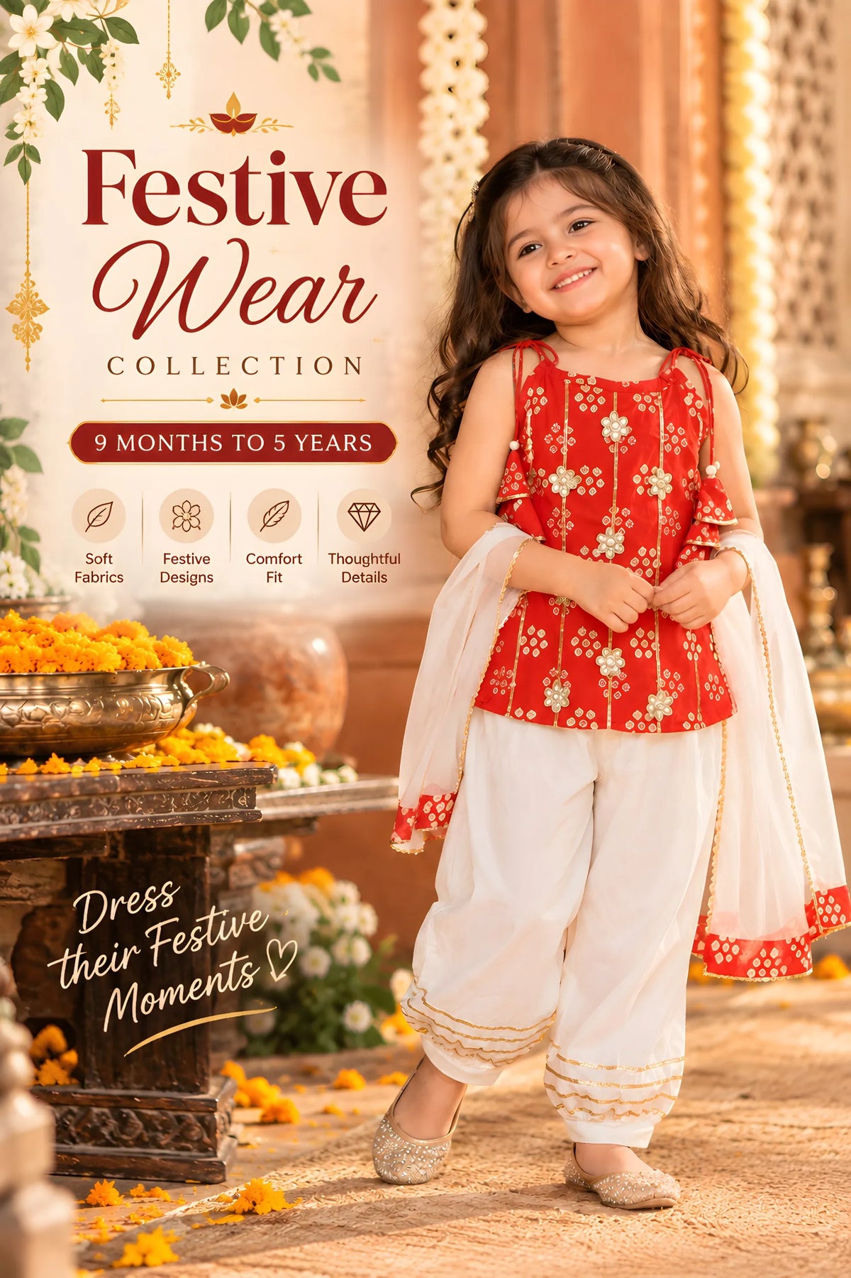 Girls Kurti Pant Dupatta Set with Gota Patti Work