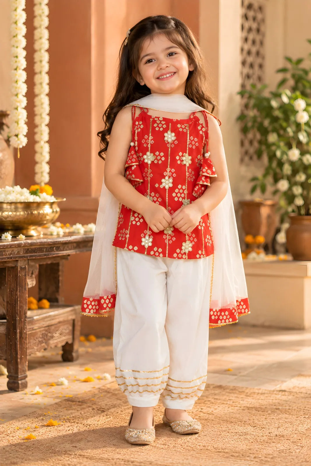 Girls Kurti Pant Dupatta Set with Gota Patti Work