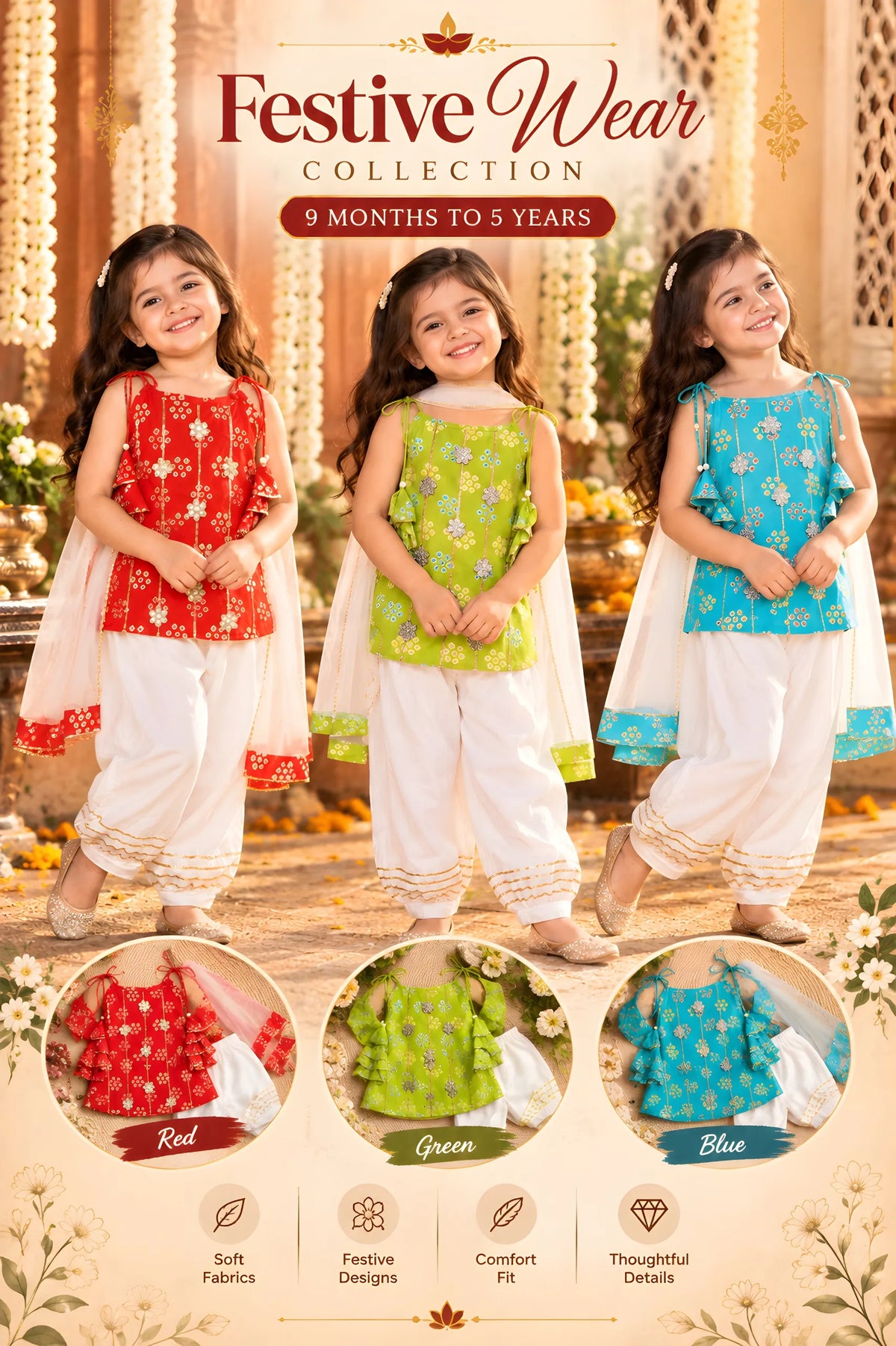 Girls Kurti Pant Dupatta Set with Gota Patti Work