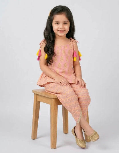 Girls Pink Peplum Top with Straps & Dhoti Bottom Set