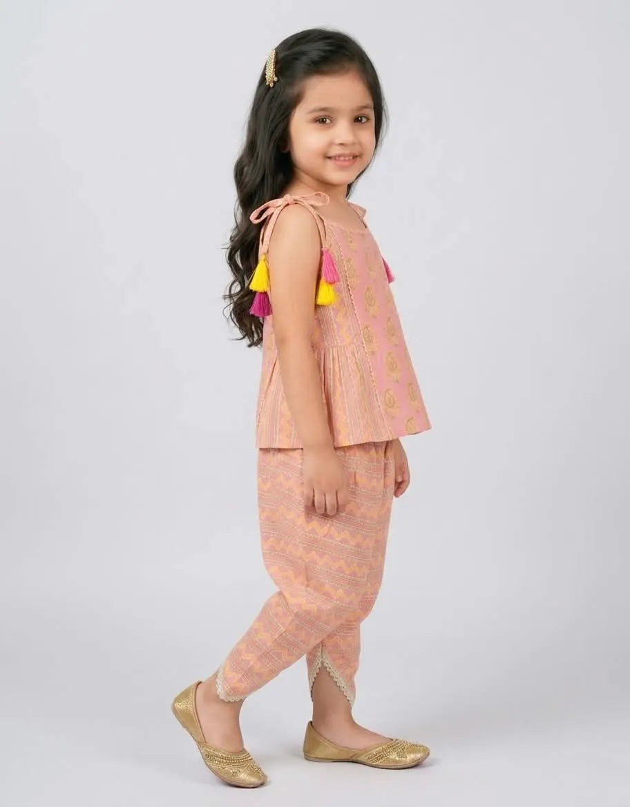 Girls Pink Peplum Top with Straps & Dhoti Bottom Set