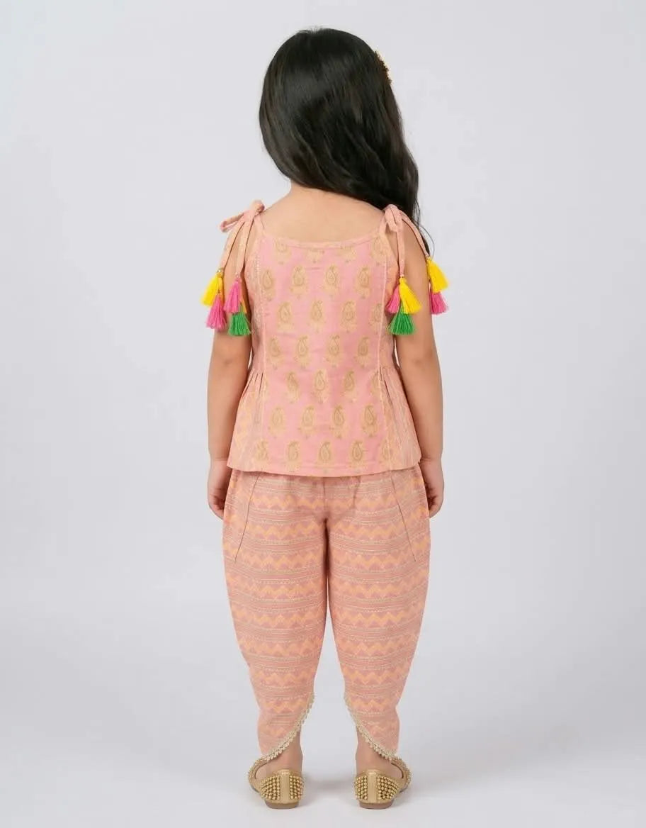 Girls Pink Peplum Top with Straps & Dhoti Bottom Set