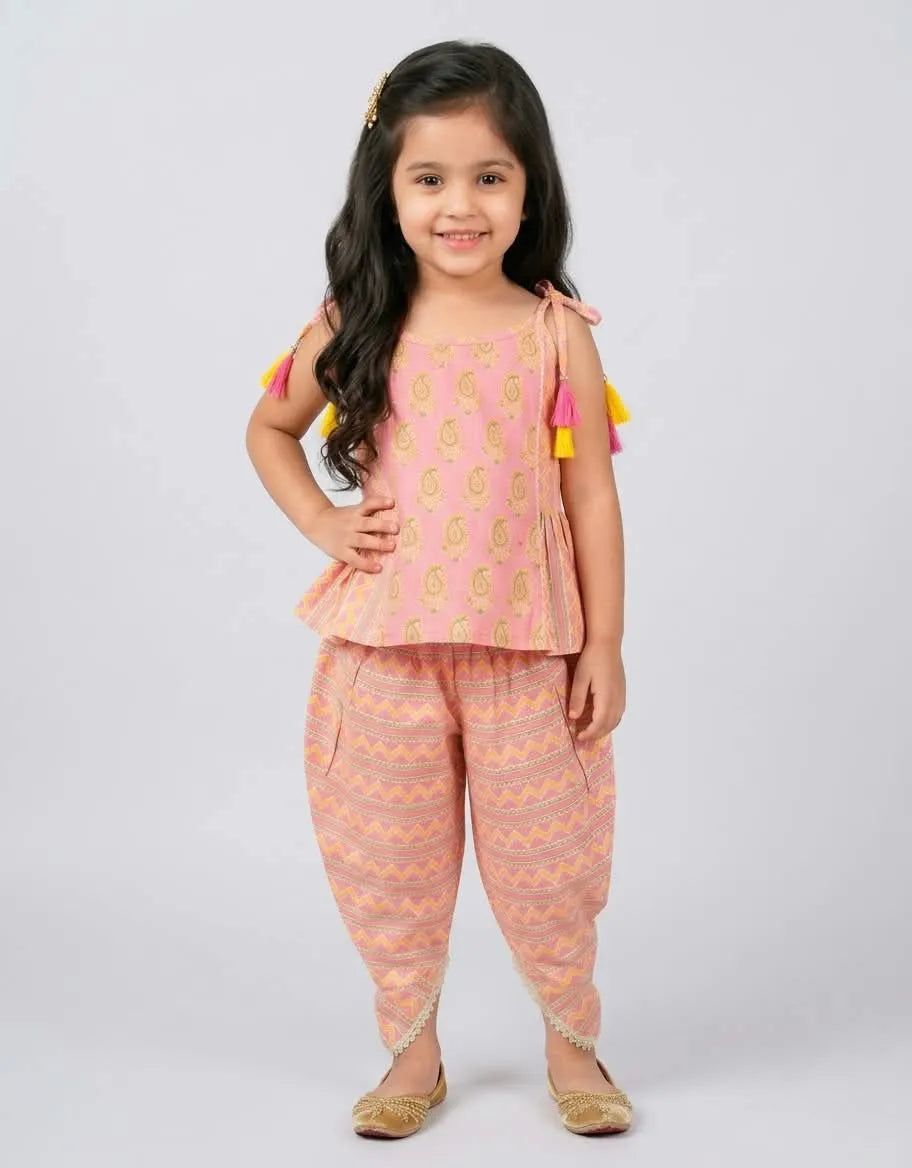 Girls Pink Peplum Top with Straps & Dhoti Bottom Set