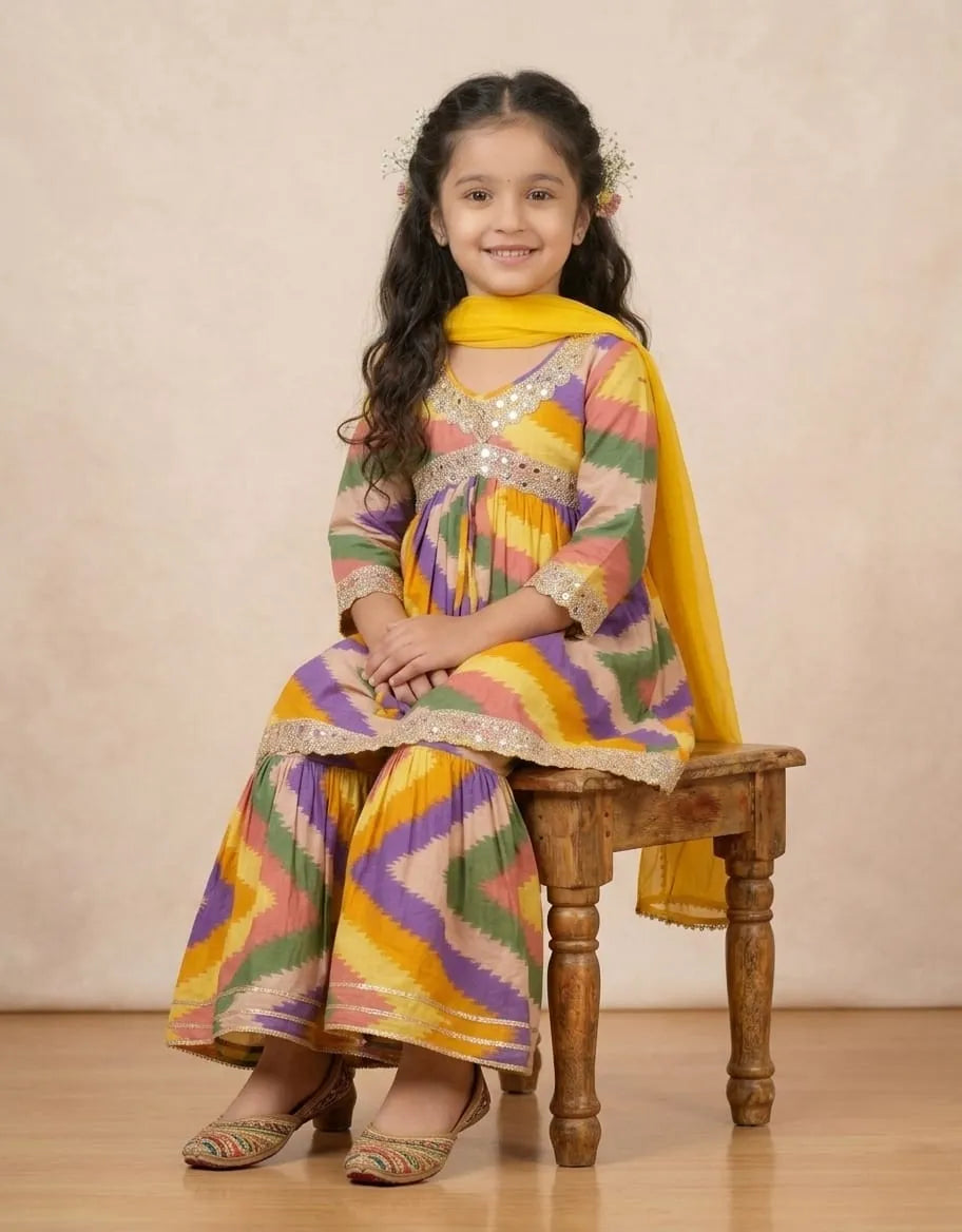 A young girl with long dark hair sits on a small wooden stool, wearing a colorful traditional outfit with a yellow kurta, multicolor striped palazzo pants, and a bright yellow dupatta. The background is a plain beige wall with a wooden floor.