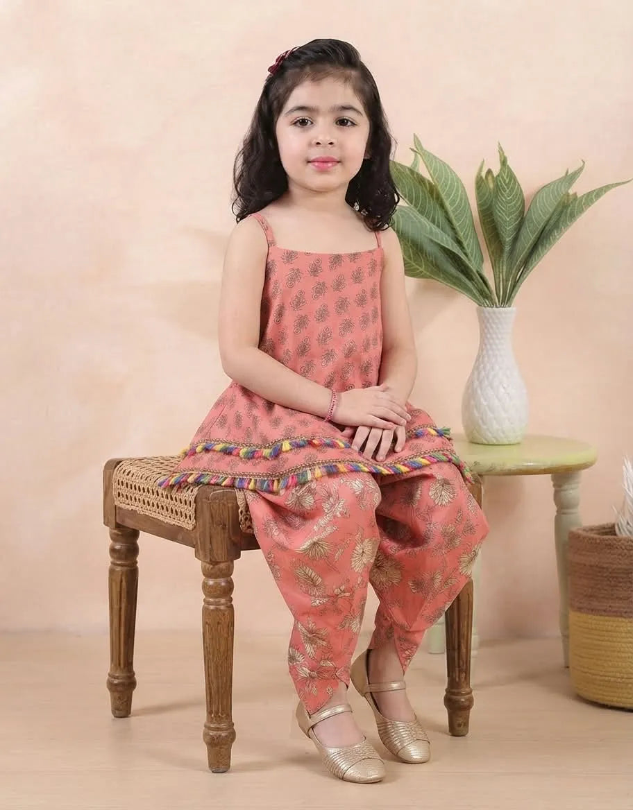 Girls Printed Kurti Sharara Set with Tassel Detailing