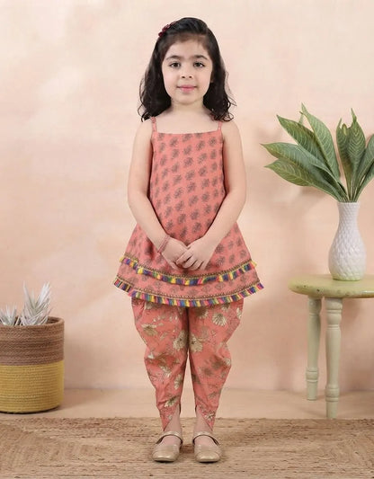 Girls Printed Kurti Sharara Set with Tassel Detailing