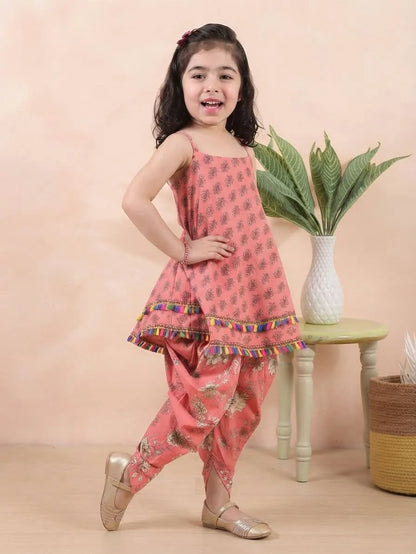 Girls Printed Kurti Sharara Set with Tassel Detailing