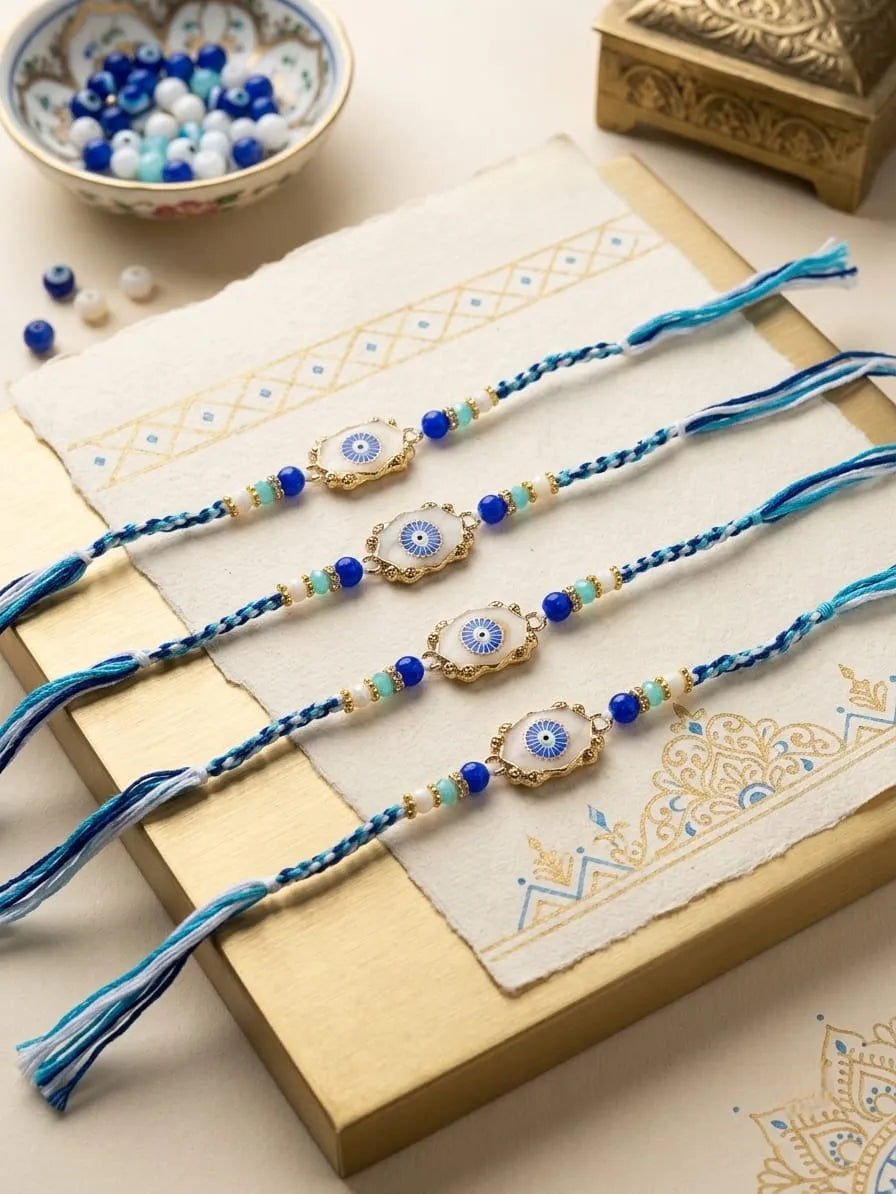 Four blue and gold braided Rakhi bracelets with evil eye bead centers are arranged on a decorative cream paper sheet over a gold box, with a bowl of beads and a small ornate box in the background.