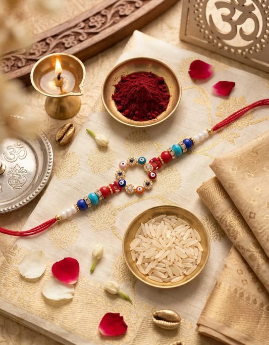 Handmade Evil Eye Rakhi with Pearl & Colorful Beads