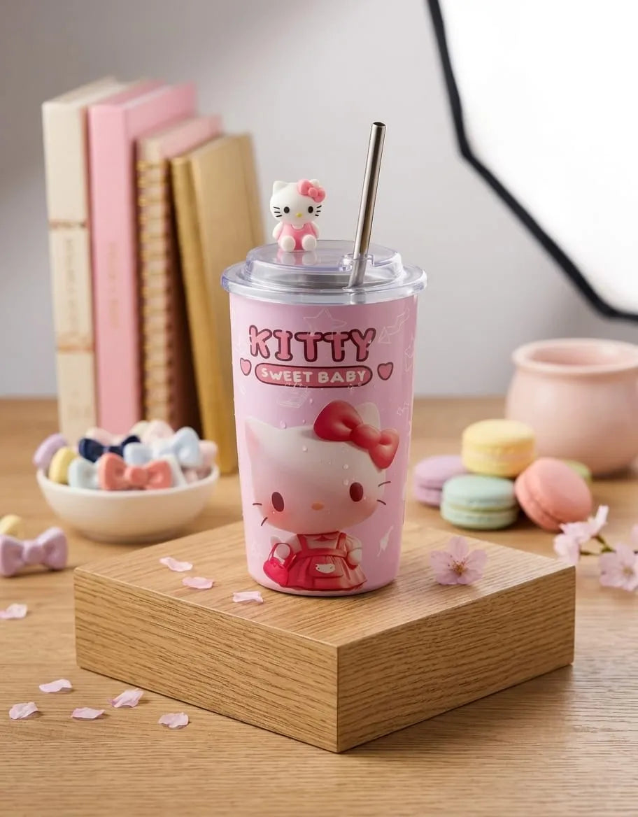 Pink tumbler with a cartoon character on a wooden block, surrounded by colorful candies and books.