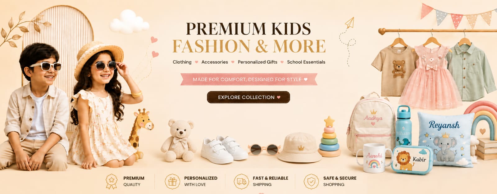 Promotional banner for premium kids fashion with children, clothing, and accessories on a beige background.