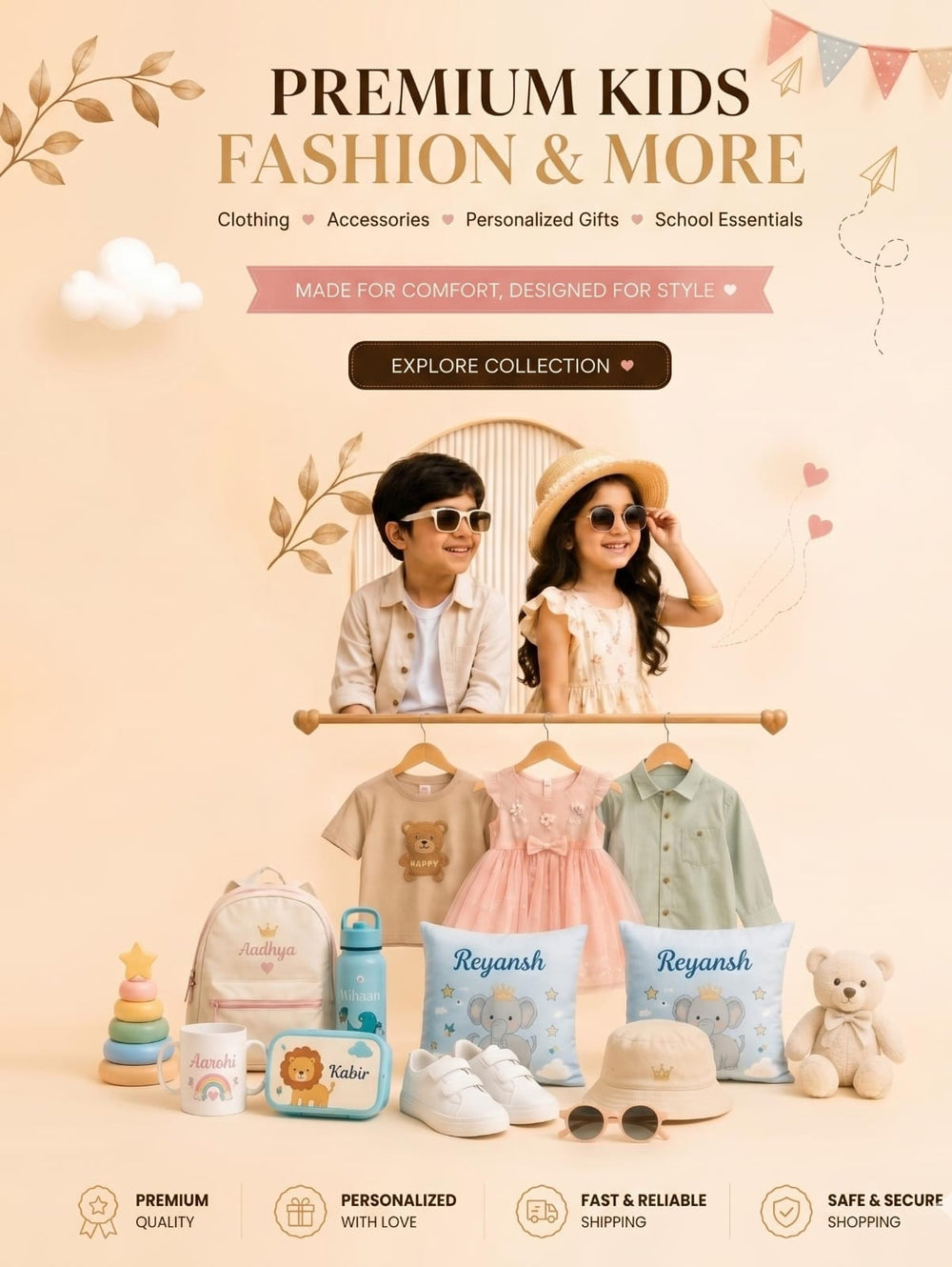 Promotional banner for premium kids fashion with children and products on a beige background.