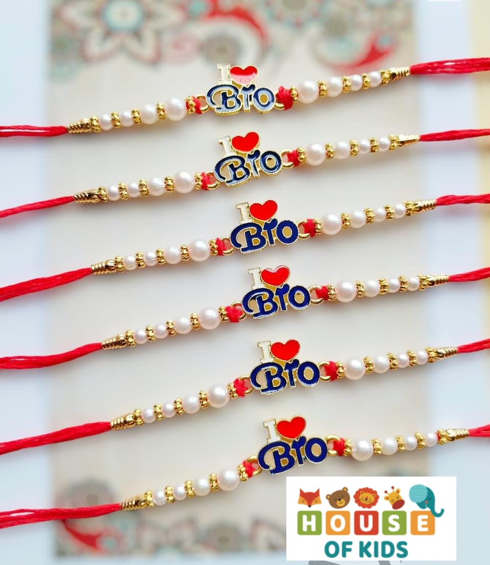Set of decorative bracelets with 'Bro' and heart designs on a white background, featuring the House of Kids logo.