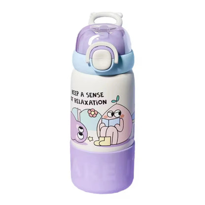 HOK 500ml Cute Cartoon Water Bottle with Dual Drinking Option | Straw & Direct Sip