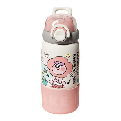 HOK 500ml Cute Cartoon Water Bottle with Dual Drinking Option | Straw & Direct Sip