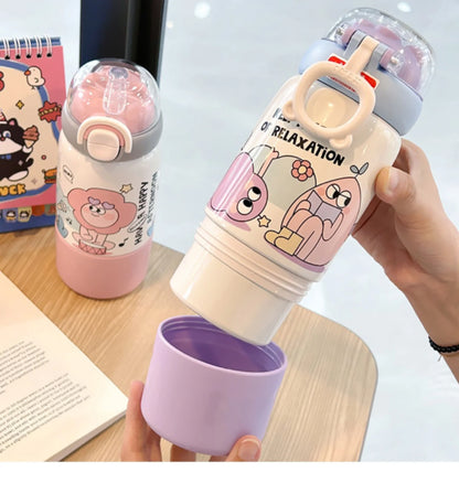 HOK 500ml Cute Cartoon Water Bottle with Dual Drinking Option | Straw & Direct Sip