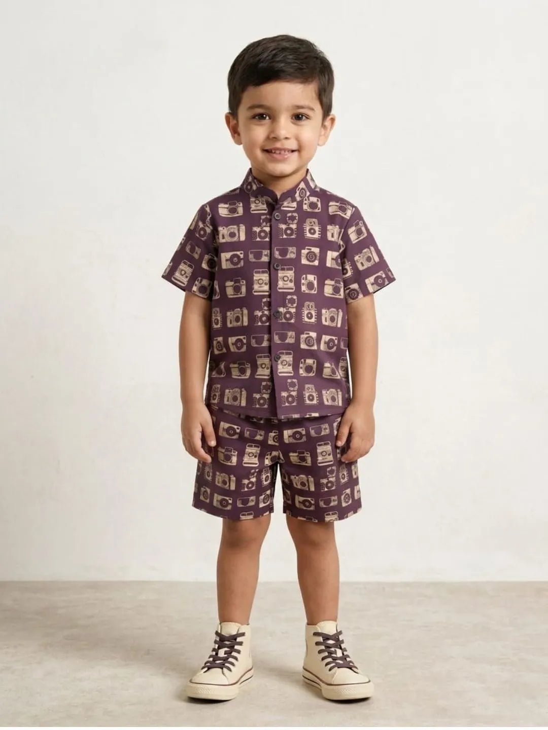 Boys purple cotton co-ord set with camera print front view half sleeve outfit