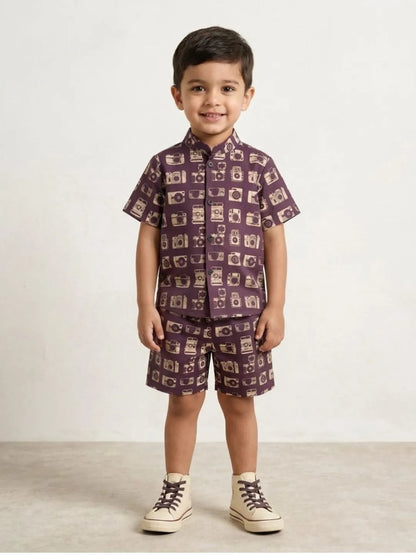 Boys purple cotton co-ord set with camera print front view half sleeve outfit