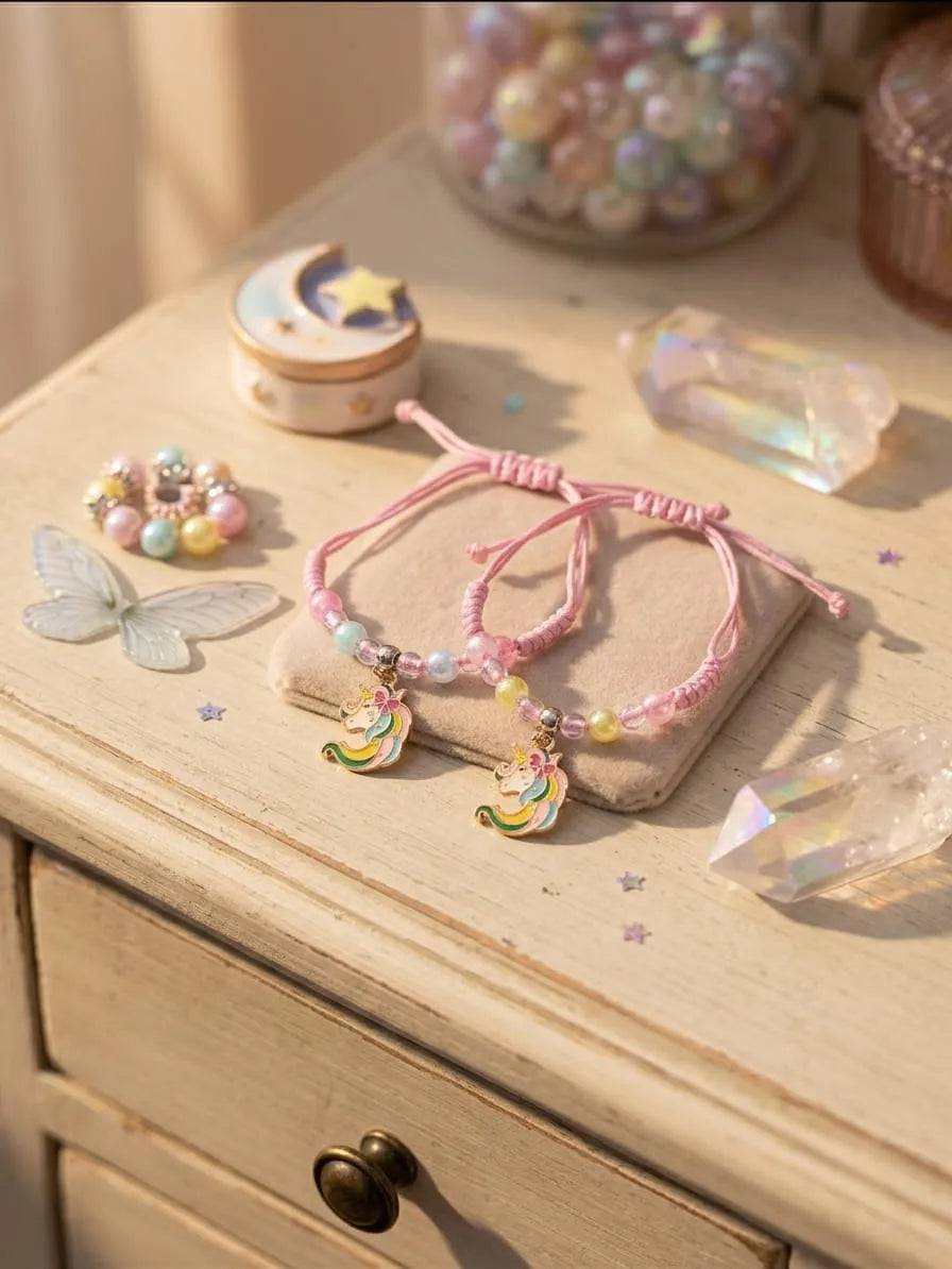 Two pink braided cord bracelets with pastel beads and colorful unicorn charms, displayed on a light wooden drawer surface with decorative crystals, beads, and a small moon box.