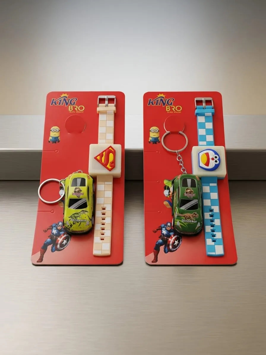 Two packaged kids' wristwatch keychains on red backing cards, one with a white strap and yellow car, the other with a blue checkered strap and green car, both featuring cartoon character graphics.