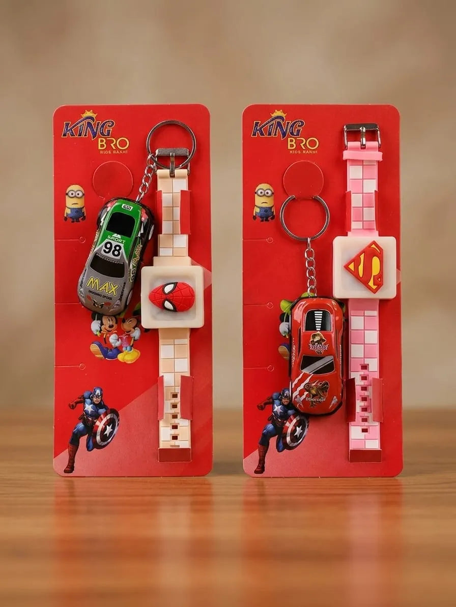 Two King Bro brand wristwatch keychains displayed side-by-side on red backing cards. The left keychain features a green and gray race car charm with a white square watch face.