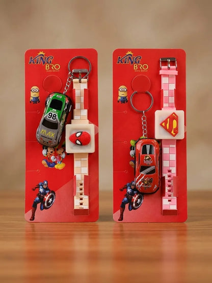 Two King Bro brand wristwatch keychains displayed side-by-side on red backing cards. The left keychain features a green and gray race car charm with a white square watch face.