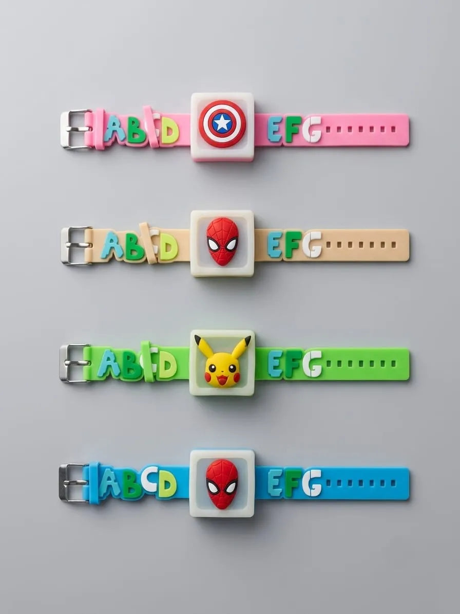 Four colorful alphabet watch bands arranged vertically on a light gray background, each with a central square face featuring Marvel character motifs: Captain America shield, Spider-Man mask, Pikachu, and Spider-Man mask.
