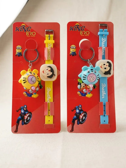 Two cartoon-themed wristwatch keychains on red backing cards. The left one is yellow with a tiger character and a cartoon face charm, labeled 'King Bro'.