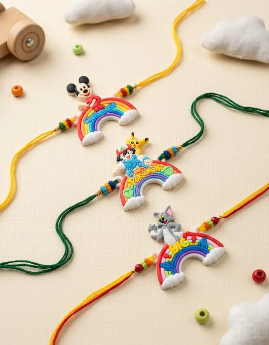 Colorful rainbow-shaped necklaces with cartoon character pendants on a beige surface.