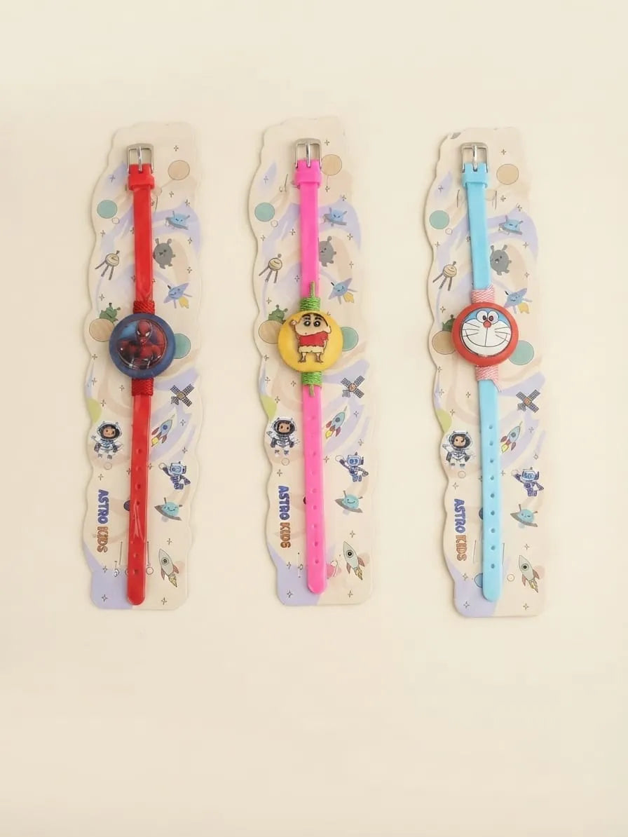 Three cartoon-themed wrist watches on decorative backing cards. The watches have red, pink, and blue straps with round character faces: a blue crab, a green frog, and a red cat.