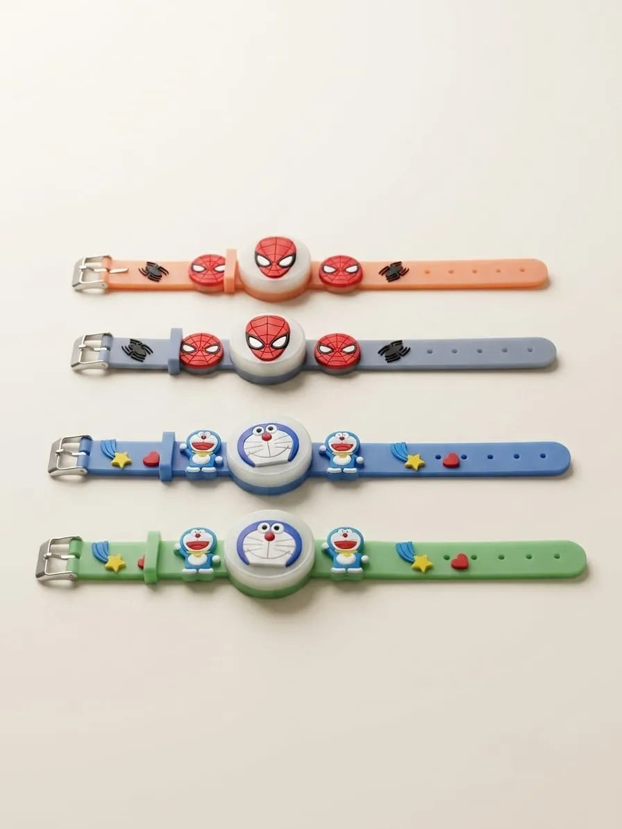 Four silicone kids' watch straps laid flat on a light beige background, each featuring a different cartoon character design: Spider-Man, Batman, Doraemon, and a blue character with stars.