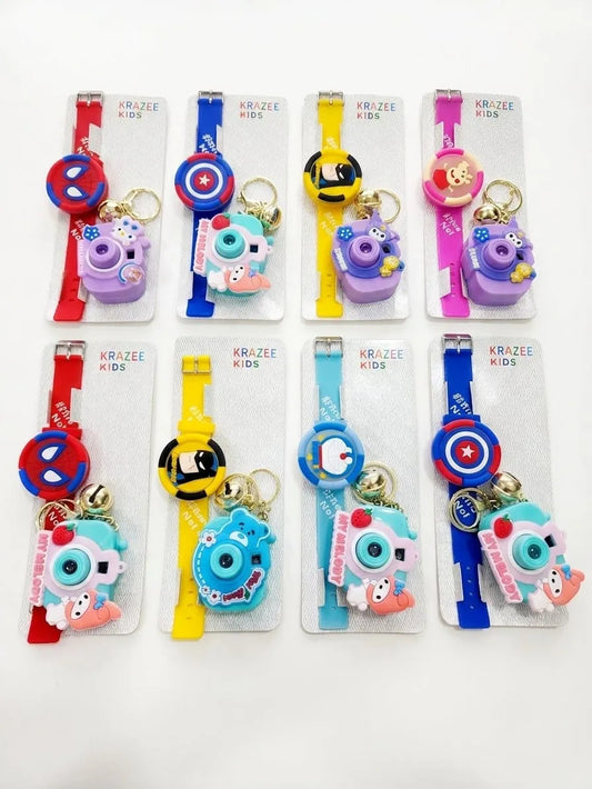 Eight colorful kid's wristwatch keychains from Krazee Kids, arranged in two rows of four on a white background. Each keychain features a unique cartoon character charm (Spider-Man, Captain America, Buzz Lightyear, Mickey Mouse, Donald Duck, Mickey Mouse, Captain America, and Donald Duck) with a watch face and a camera charm on a clear plastic display card.