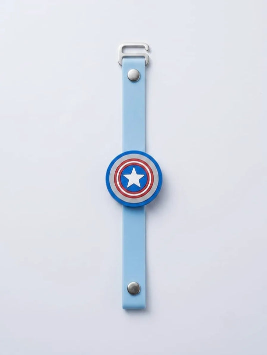A light blue silicone watch strap featuring a Captain America shield charm in the center, displayed on a clean white background.