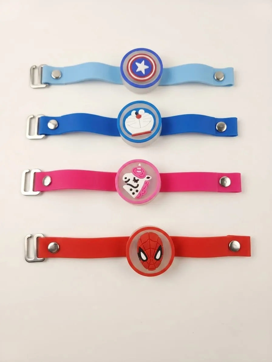 Four silicone watch straps laid flat on a light background, featuring Captain America, a cupcake, a cartoon character, and Spider-Man face designs.