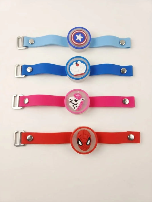 Four silicone watch straps laid flat on a light background, featuring Captain America, a cupcake, a cartoon character, and Spider-Man face designs.