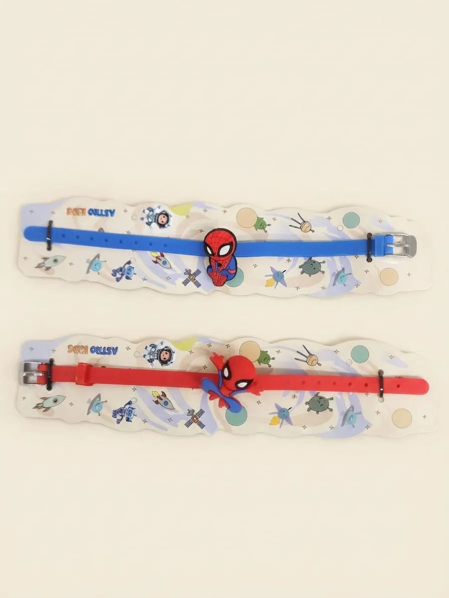 Two Spider-Man themed kids' watch bands on a white background. The top band is blue with a blue Spider-Man charm, and the bottom band is red with a red Spider-Man charm.