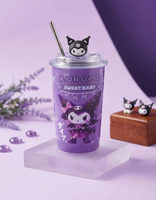 Purple tumbler with Kuromi character design on a purple background