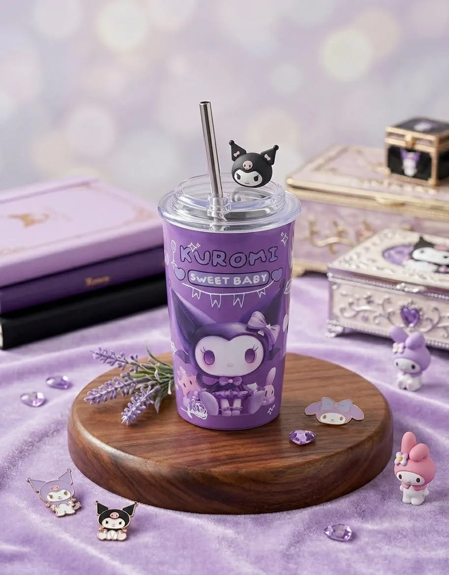 Purple tumbler with a character design on a wooden stand, surrounded by decorative items on a purple background.
