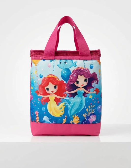 Kids Insulated Lunch Bag | Princess & Mermaid Print School Tiffin Bag with Zipper Closure