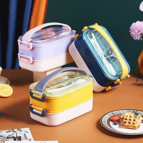 HOK Double Decker Insulated Stainless Steel Lunch Box 1200 ML with Spoon & Fork- Random Color