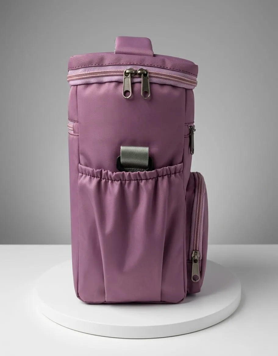 Purple backpack on a gray background
