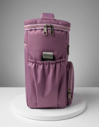 Purple backpack on a gray background